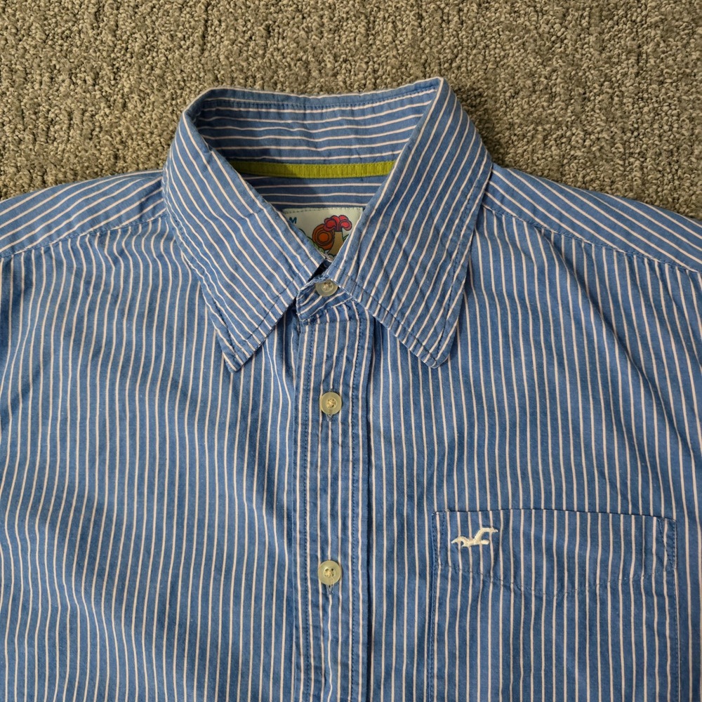 Vintage Hollister M Blue White Stripe Button Up Shirt Cotton Y2K Preppy Surf - Picture 3 of 7